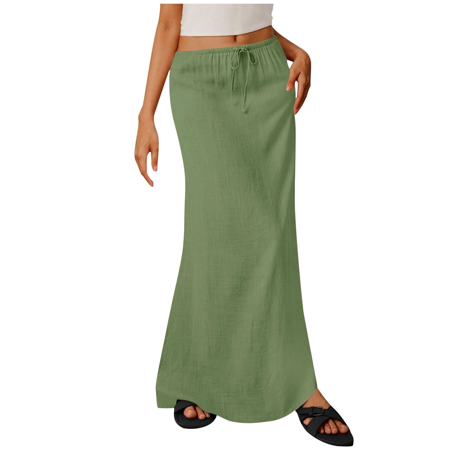 Women's Linen Skirts Ladies Summer Skirts Retro Cotton and Linen Maxi Skirt Elasticated Waist Flowy Full Length Skirt Lace up Retro Casual Half Dress UK Sale Clearance