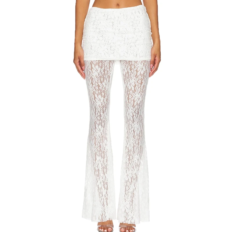 SYHVGI Women Lace Bell Bottom Pants Sexy See Through Leggings Beach Cover up Trousers Hollow Out Flare Pants (C-White, S)
