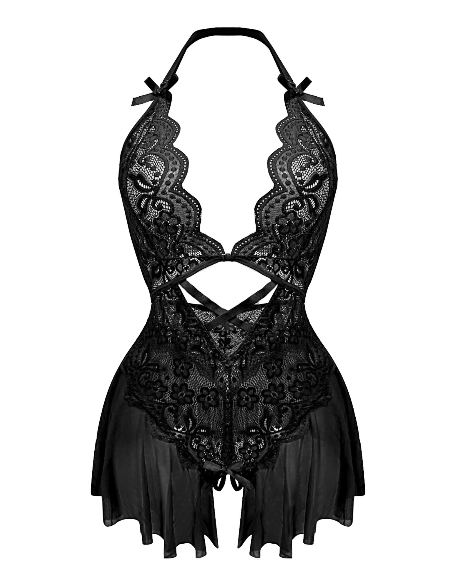 EVELIFE Sexy Lingerie for Women Lace Bodysuit Dress Floral Lace Contrast Mesh Front Buckle Halter Teddy Backless Bodysuit Babydoll Lingerie (Black, XXL)