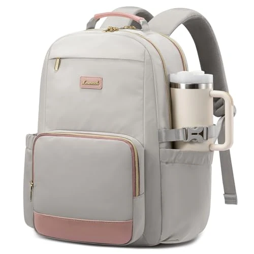 LOVEVOOK Laptop Backpack for Women with Pouch Pocket for Large Capacity Cup,15.6 Inch Laptop Computer Bag Travel Backpack Purse,Waterproof Work Business Backpack College Teacher Bags,Gray-Pink
