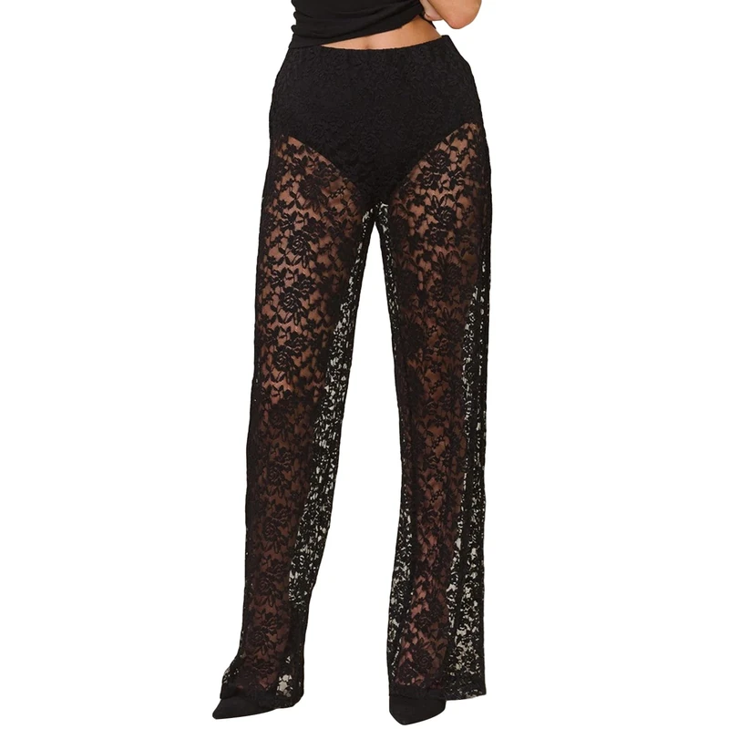 SYHVGI Women Lace Bell Bottom Pants Sexy See Through Leggings Beach Cover up Trousers Hollow Out Flare Pants (B-Black, L)