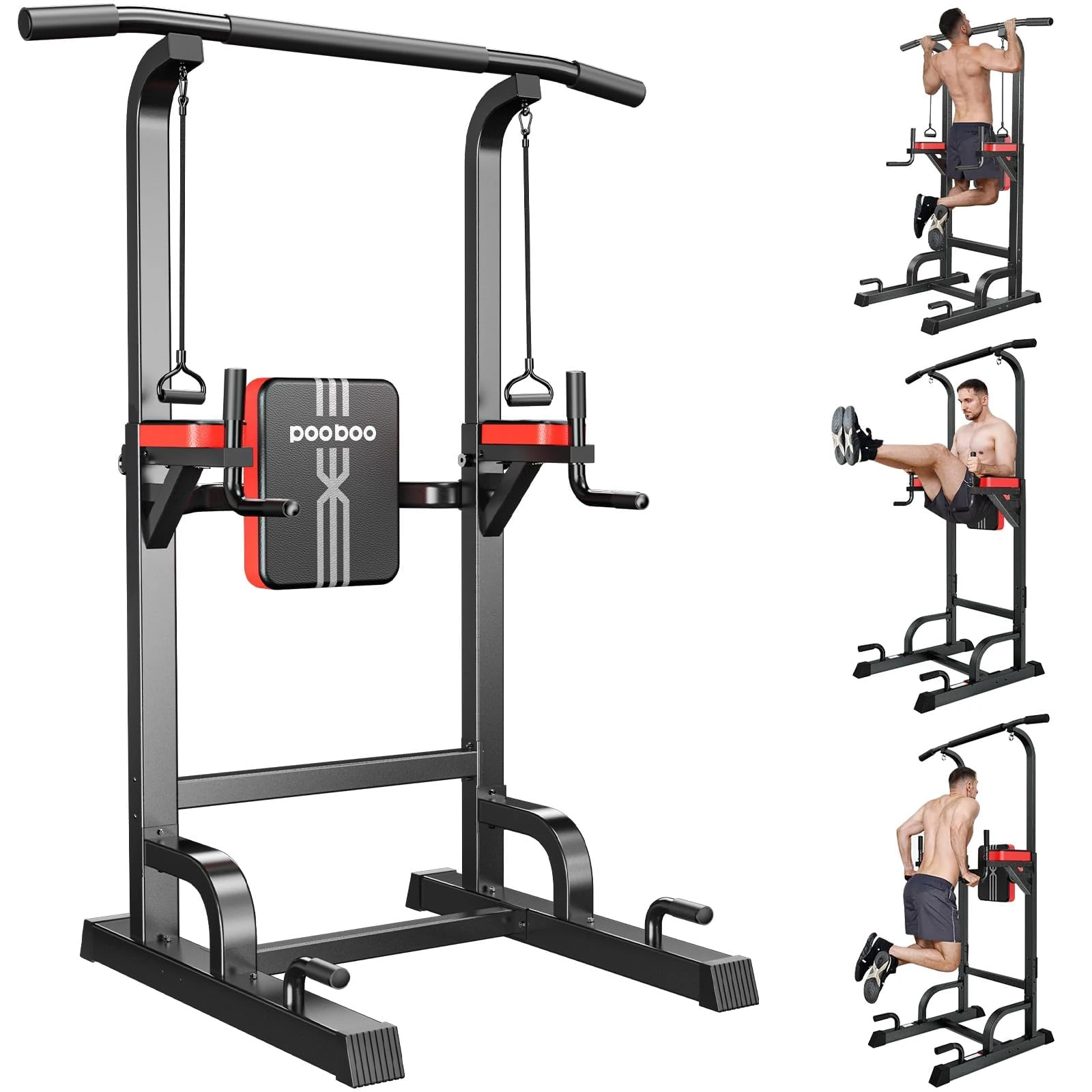 pooboo Power Tower Dip Station – Multifunctional Adjustable Height Fitness Equipment for Home Gym, Pull Up Bar Tower Dip Station with Strong Elastic Bands, Ideal for Family Use, Teens, Beginners