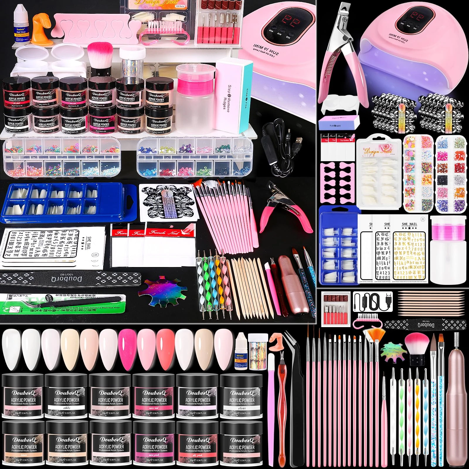 DouborQ Acrylic Nail Kit with Electric Nail Drill Nail Lamp,U V Nail Dryer Light Manicure ,False Nail Tips Starter Set Acrylic Nail Art Supplies for Beginner with Everything