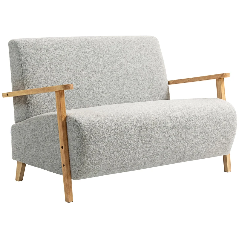 HOMCOM 2 Seater Sofa, Small Sherpa Fabric Couch Settee, Nordic Upholstered Loveseat with Wood Legs and Armrests, Thick Seat for Living Room, Bedroom, Office, Light Grey