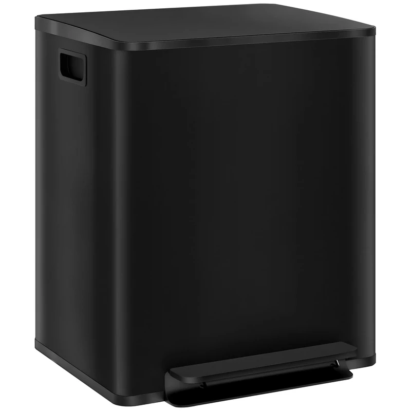 HOMCOM Dual Kitchen Bin, 2 x 25L Stainless Steel Double Pedal Bin with Soft-Close Lid, Removable Inner Buckets and Handles for Recycling and Waste, Black