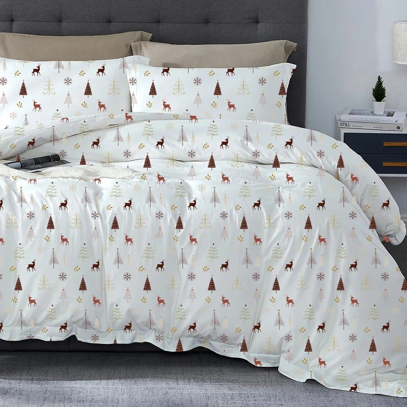 SLEEP-NEST Christmas Duvet Cover Set Oversized King 120 x 98 Size Luxury & Decorative 600 Thread Count 3 Piece Set Christmas Tree & Reindeer Theme with Zipper Closure 100% Egyptian Cotton