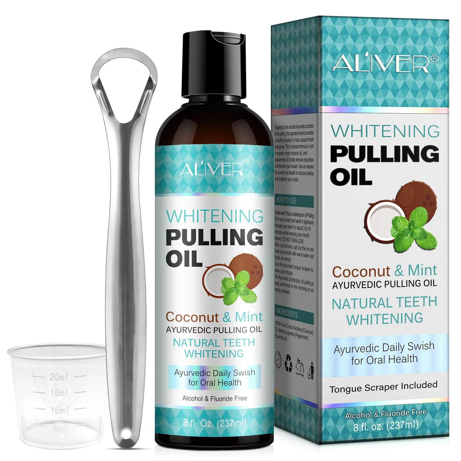 Mint Oil Pulling Mouthwash with Tongue Scraper - Natural Coconut Oil Pulling for Teeth Whitening, Fresh Breath, Teeth Whitening and Healthier Teeth & Gum (237ml（Pack of 1）)
