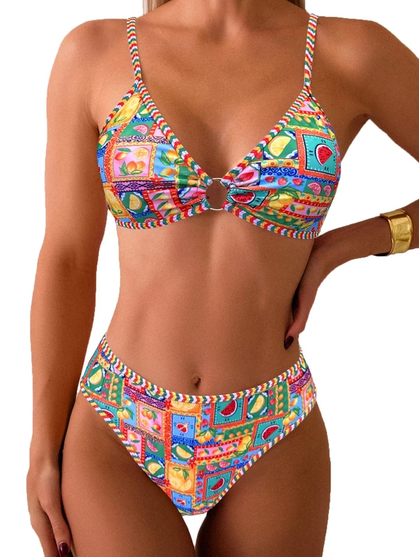 Fanuerg Women's Triangle Bikini Sets O Ring Linked Two Piece Swimsuits Floral Printed Cheeky Bathing Suit