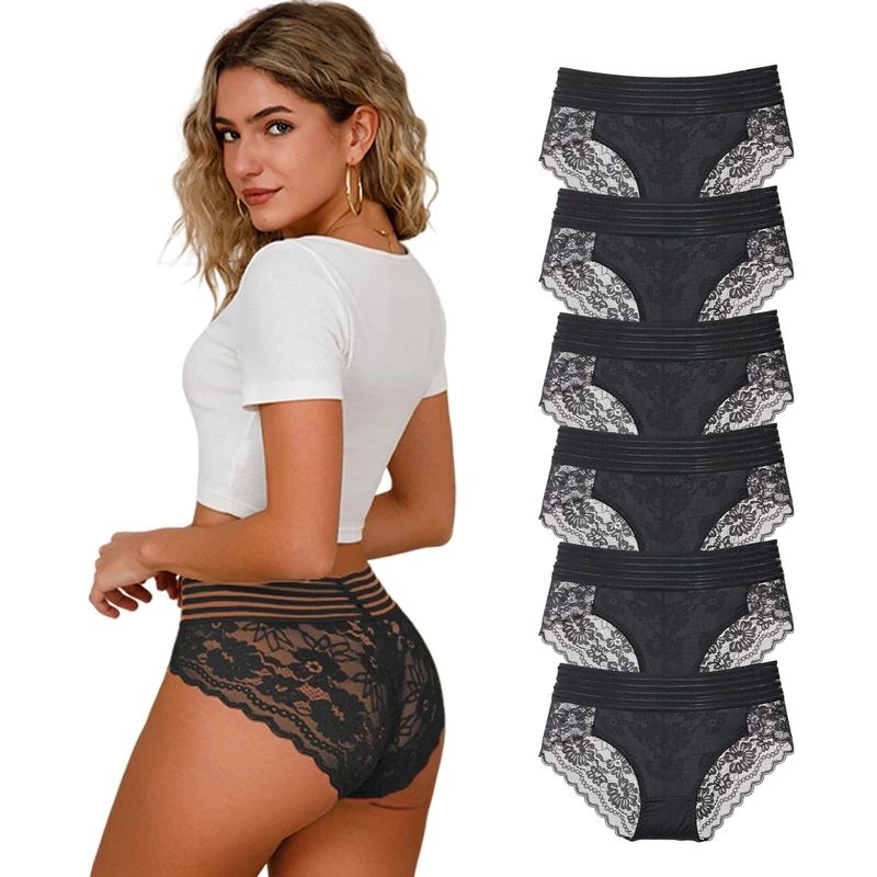 APRSEA Women's Pants Sexy High Waisted Romantic Lace Side Trim Stretchy Soft Fit Underwear Black Mesh S