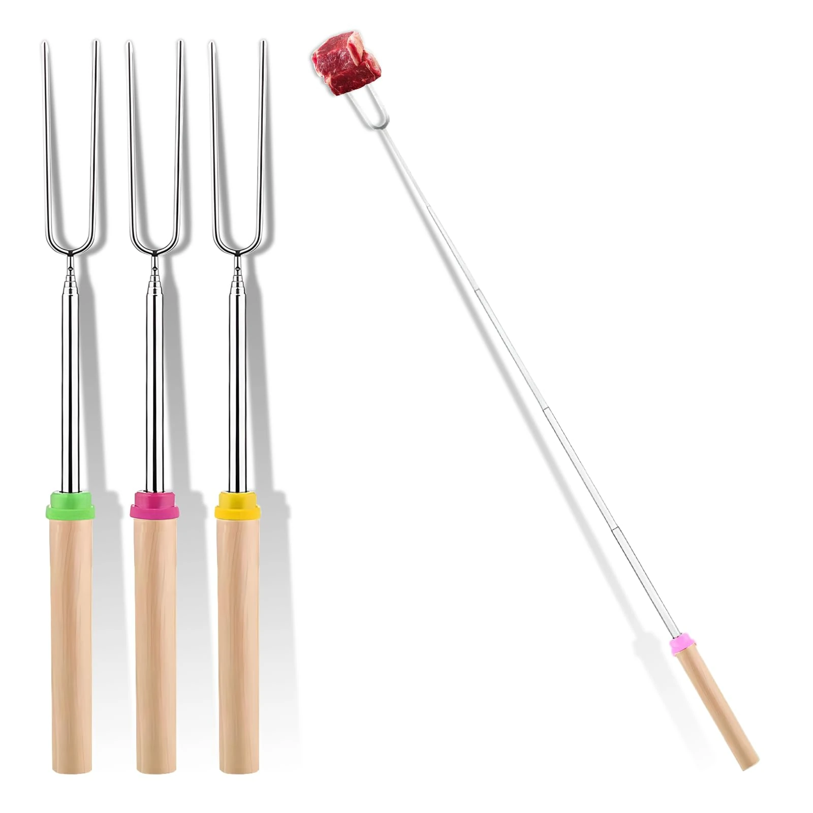 4 Pack Marshmallow Toasting Forks – Extendable Stainless Steel Roasting Sticks for Fire Pit, BBQ & Campfire – Retractable S’Mores Kit Accessories for Marshmallows & Hot Dogs