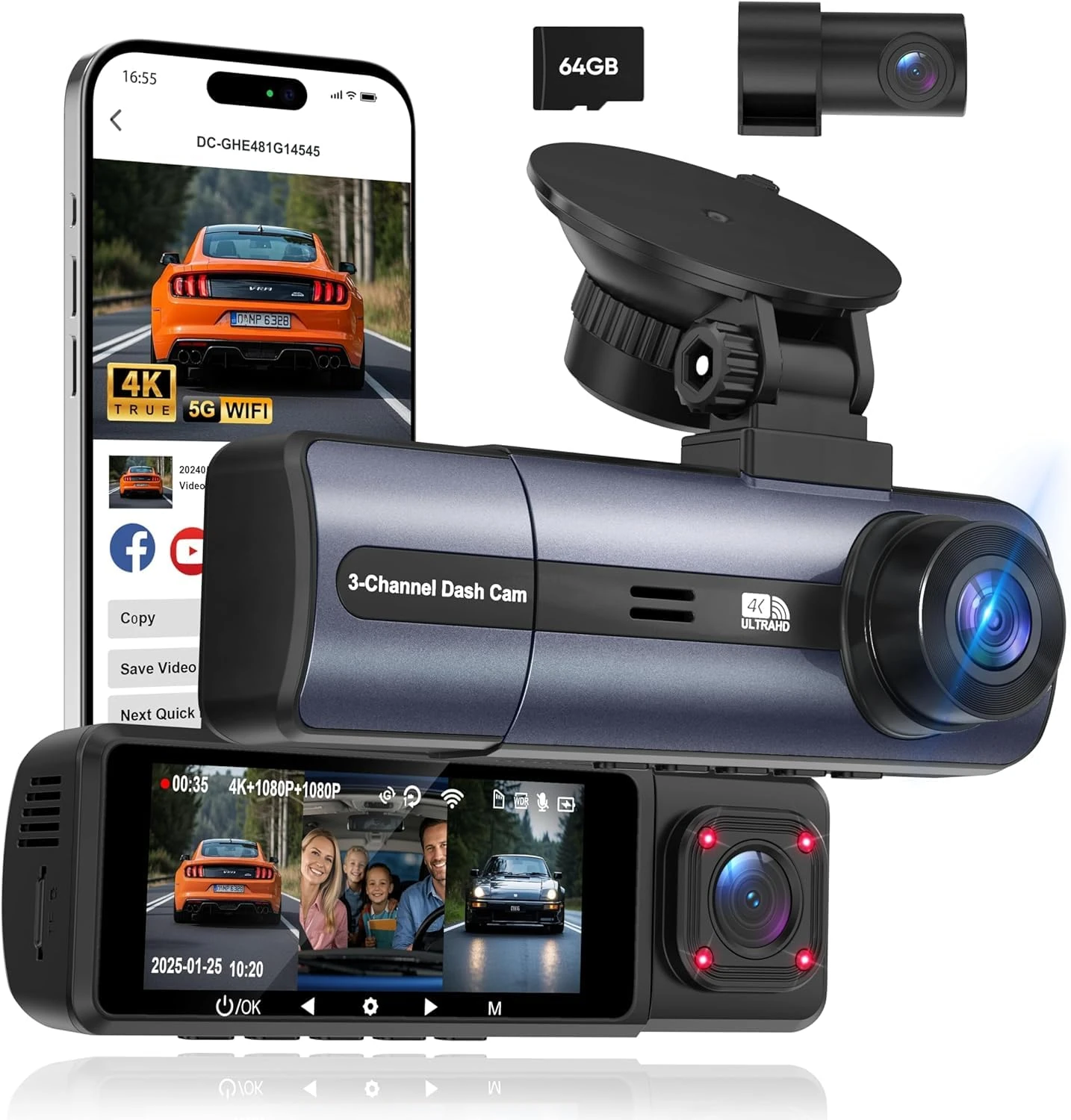 ORSKEY 3 Channel 4K Dash Cam with APP Control & 5GHz WiFi, 4K/2.5K+1080P+1080P Front Inside and Rear, Triple Dash Camera with 64GB Card, G-Sensor, 24 Hours Parking Mode, Loop Recording, Max 256GB