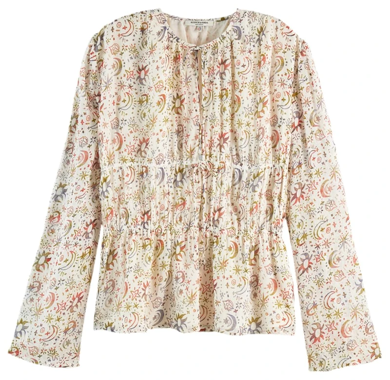 Scotch & Soda Women's Printed Tied Front Woven Top Blouse, Cosmic Sky Eggnog U219, 38
