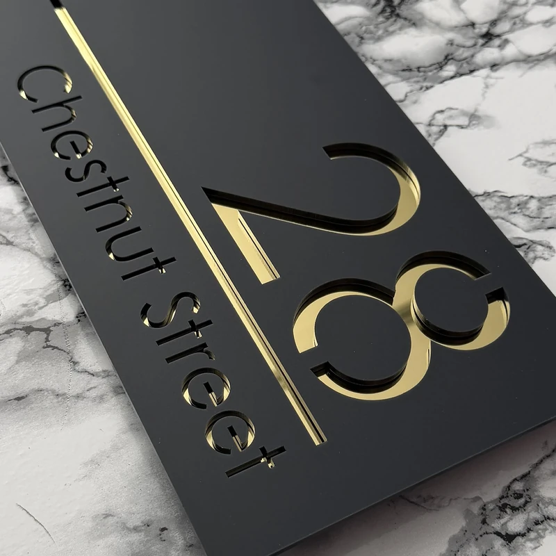 House Numbers Plaques Door Plaques Door Number For Wall House Floating House Sign Laser Cut Floating House Sign (Matt Grey & Gold Text)