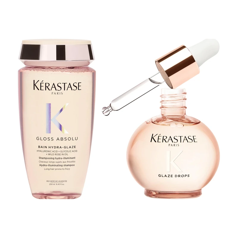 Kérastase Gloss Absolu Shampoo 250ml and Glaze Drops Hair Oil 45ml, Anti Frizz Wash and Style Routine for Frizz Prone Hair with Glycolic Acid and Wild Rose