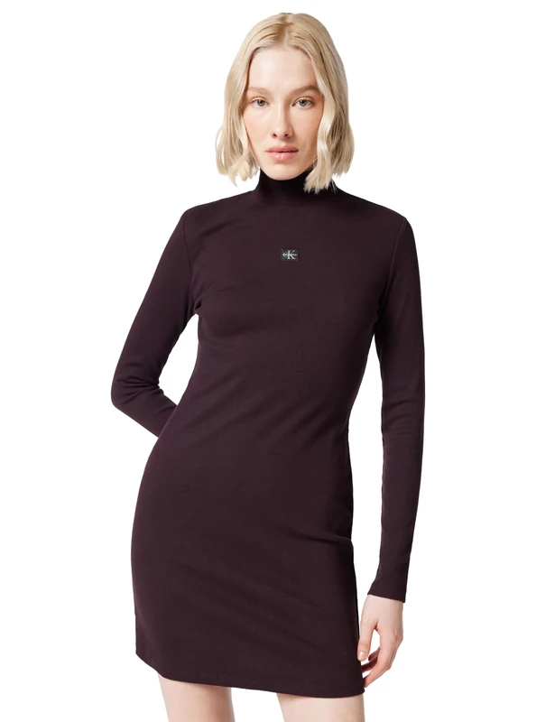 Calvin Klein Women's LS Woven Label 2X2 Rib MINI DRES LV047E204G Dresses, Purple (Mocha Brown), S