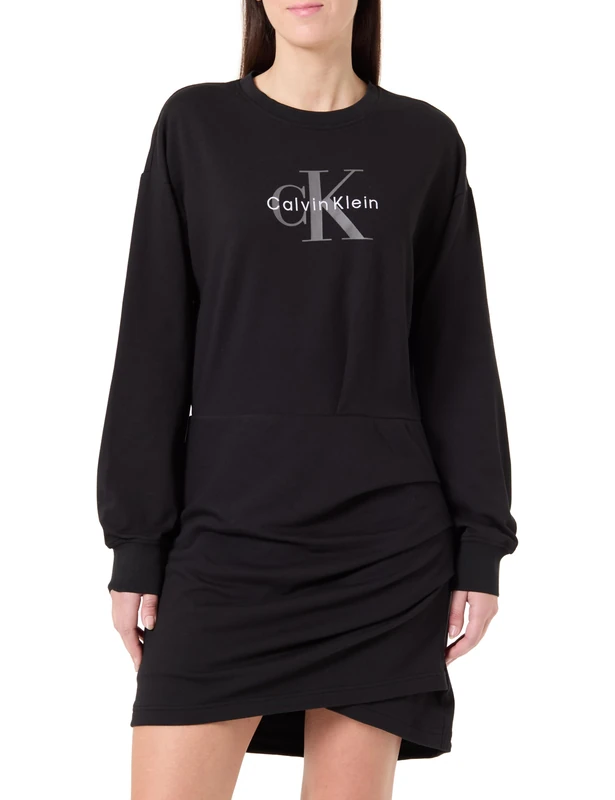 Calvin Klein Women's LS MONOLOGO Terry Crew Fashion D LV047E224G Dresses, Black (Black), XS