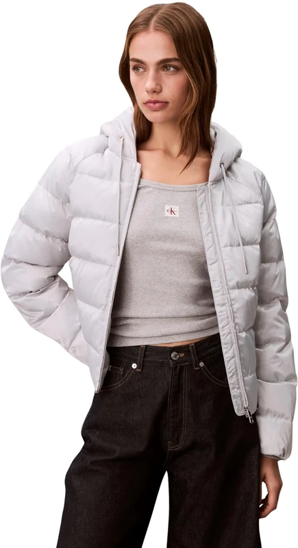 Calvin Klein Women's SATIN LIGHTWEIGHT SHORT LOGO PUF LV047E509G Jackets, GREY (Quiet Gray), XL