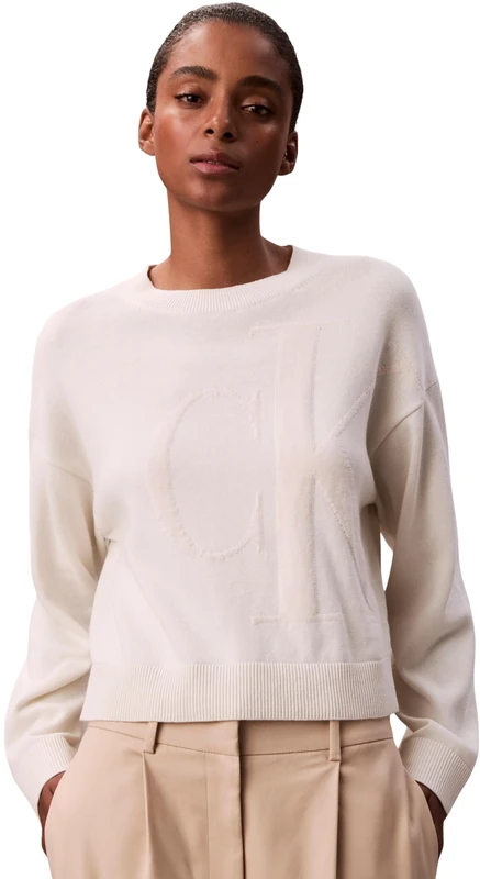 Calvin Klein Women's Long Sleeve Smooth Cotton CK Jac LV047E304G Sweaters, White (Tofu), XL