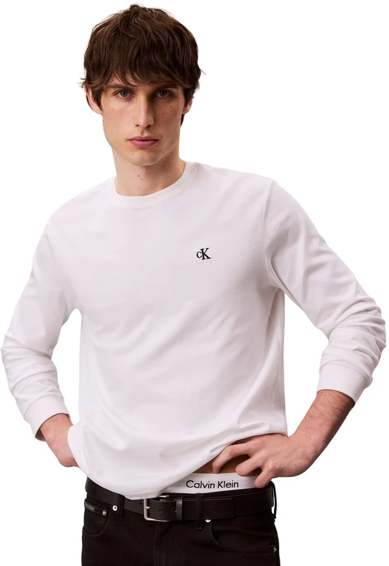 Calvin Klein Men Ls Easy Monogram Tee LV04RD247G Tees, White (Bright White), XL