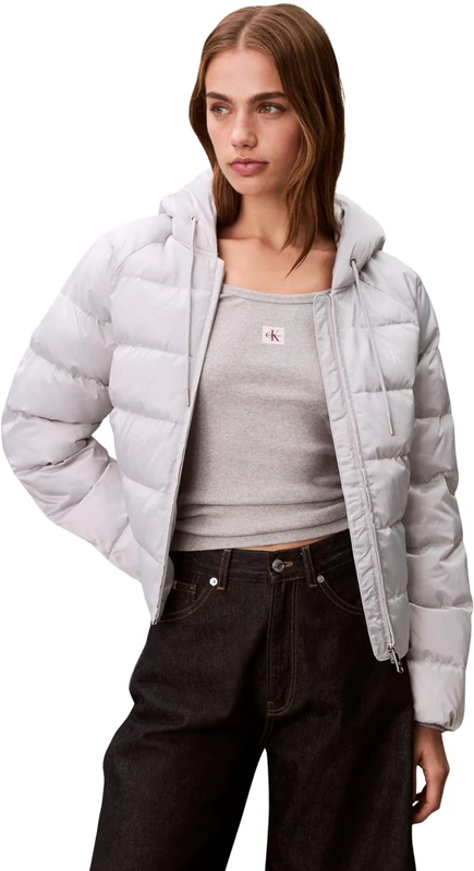 Calvin Klein Women's SATIN LIGHTWEIGHT SHORT LOGO PUF LV047E509G Jackets, GREY (Quiet Gray), M