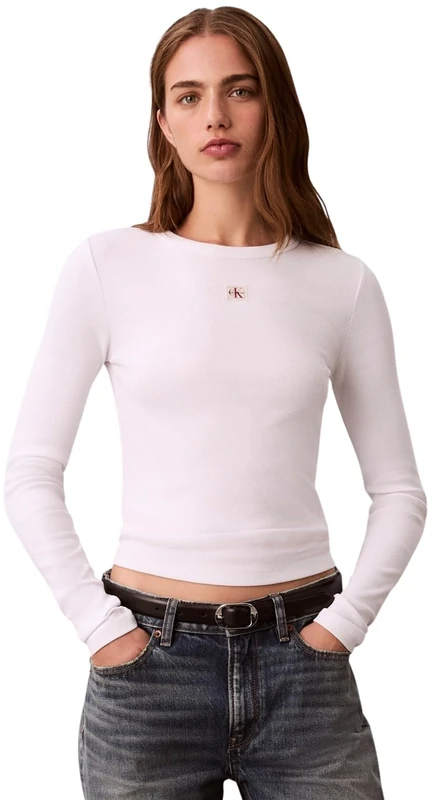 Calvin Klein Women's LS Woven Label 2X2 Rib Crew TOP LV047E205G Other Tops, White (Brilliant White), M