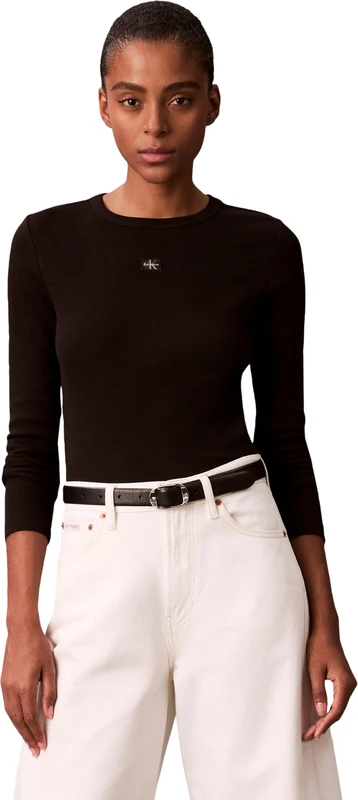 Calvin Klein Women's LS Woven Label 2X2 Rib Crew TOP LV047E205G Other Tops, Black (Black), XS