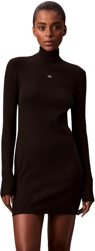 Calvin Klein Women's Bodycon Dress Woven Label Ribbed Mini with Stand Collar, Black (Black), S