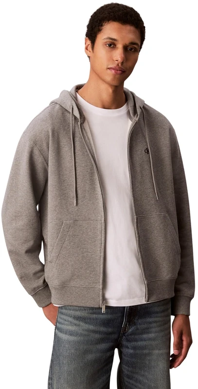 Calvin Klein Men's LS EU 350TERRY MONOGRAM FZ HOODI LV04RD240G Sweatshirts, GREY (Med Grey Htr), L