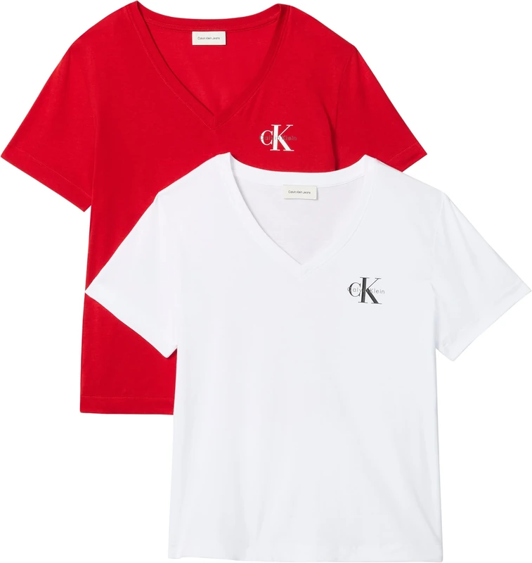 Calvin Klein Women's A- Logo VN 2 Pack Tee LV047C906G Tees, RED (Adrenaline Rush/Brilliant White), XS