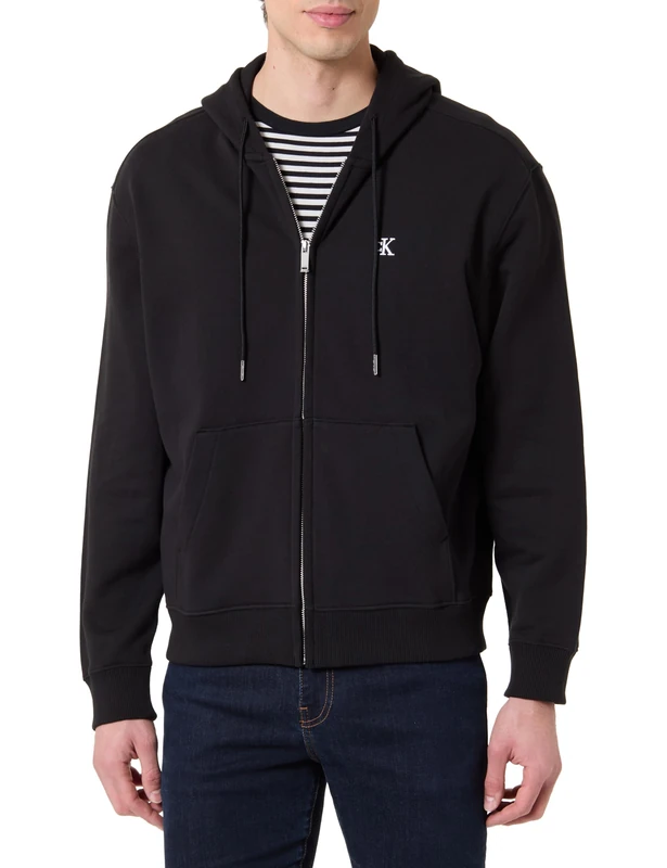 Calvin Klein Men's LS EU 350TERRY MONOGRAM FZ HOODI LV04RD240G Sweatshirts, BLACK (Black), L
