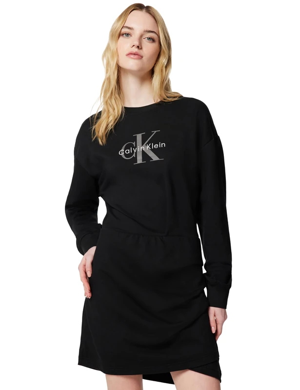 Calvin Klein Women's LS MONOLOGO Terry Crew Fashion D LV047E224G Dresses, Black (Black), XL