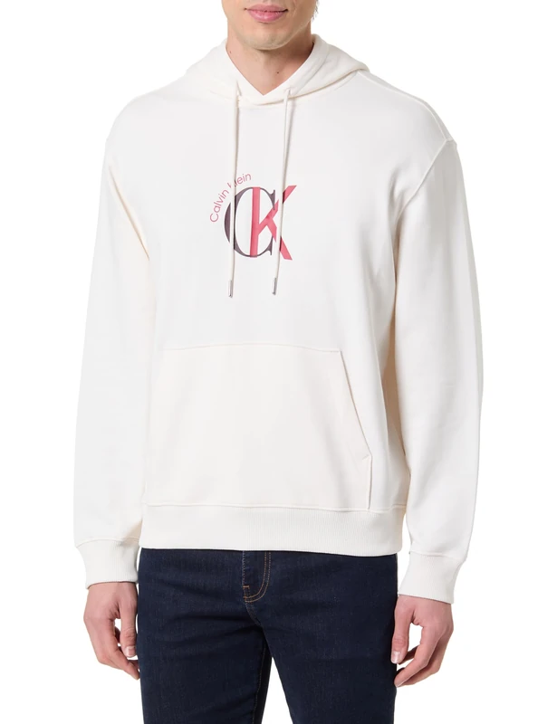 Calvin Klein Men's LS EU 350TERRY GRAPHIC HOODIE LV04RE255G Sweatshirts, WHITE (White Greige), XL