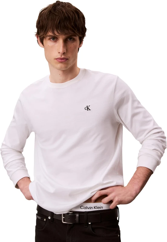 Calvin Klein Men Ls Easy Monogram Tee LV04RD247G Tees, White (Bright White), S - Image 1
