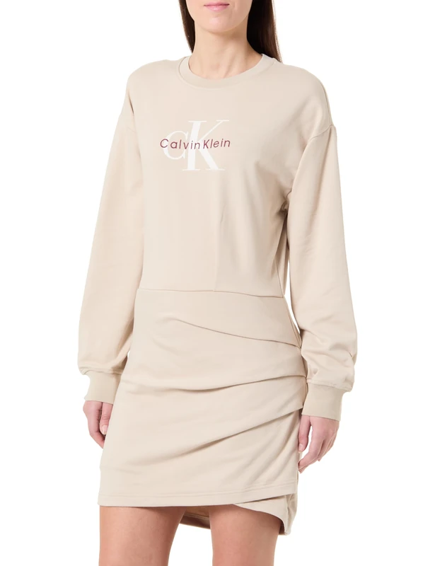Calvin Klein Women's LS MONOLOGO Terry Crew Fashion D LV047E224G Dresses, Brown (Silvermoss), M