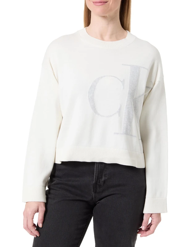 Calvin Klein Women's Long Sleeve Smooth Cotton CK Jac LV047E304G Sweaters, White (Tofu), S