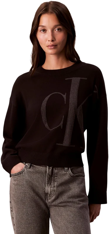 Calvin Klein Women's Long Sleeve Smooth Cotton CK Jac LV047E304G Sweaters, Black (Black), L