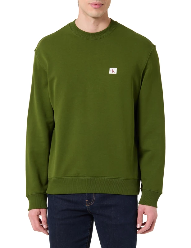 Calvin Klein Men's LS 350TERRY EU WHSL BADGE CREWNE LV04RC273G Sweatshirts, GREEN (Medieval Forest), S
