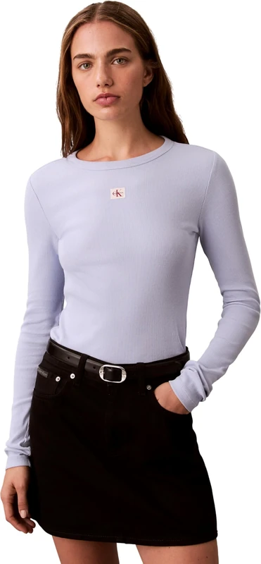 Calvin Klein Women's LS Woven Label 2X2 Rib Crew TOP LV047E205G Other Tops, Purple (Casual Blue), S