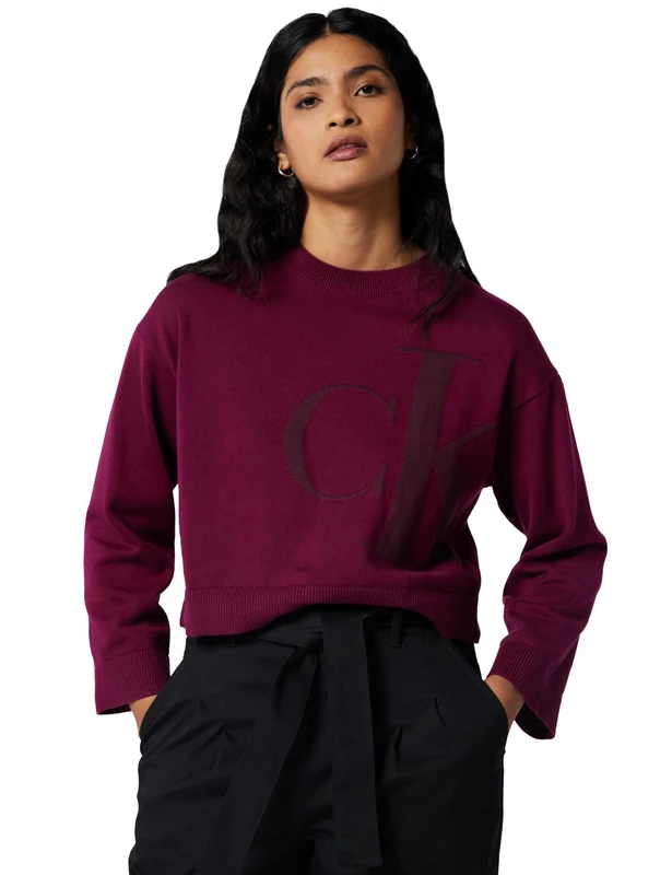 Calvin Klein Women's Long Sleeve Smooth Cotton CK Jac LV047E304G Sweaters, Purple (Berry Glaze), L