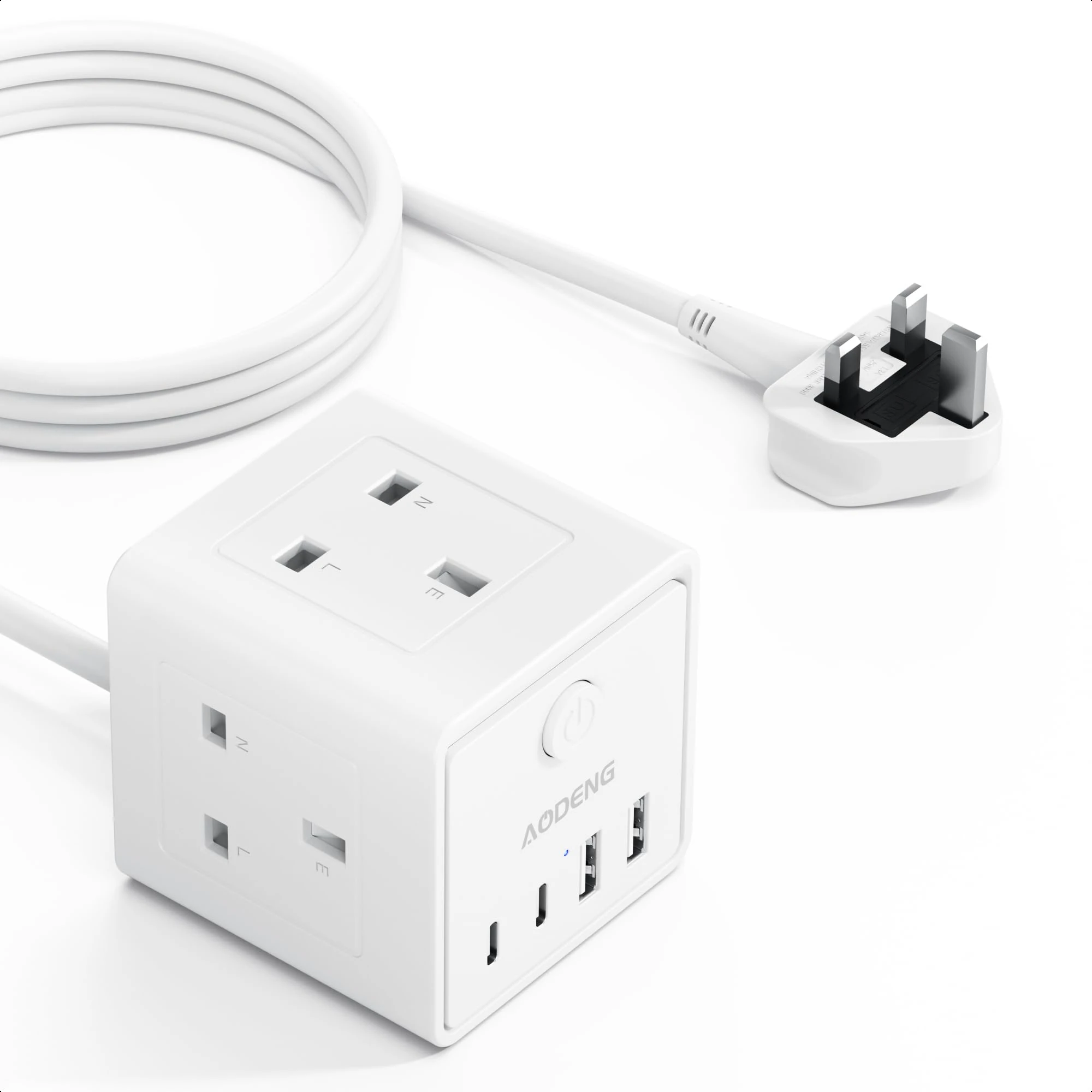 3M Extension Lead with 4 USB, 3 Way Multi Plug Extension Socket with 2 USB A 2 USB C, Desktop Power Extension Cable for Home Office Travel