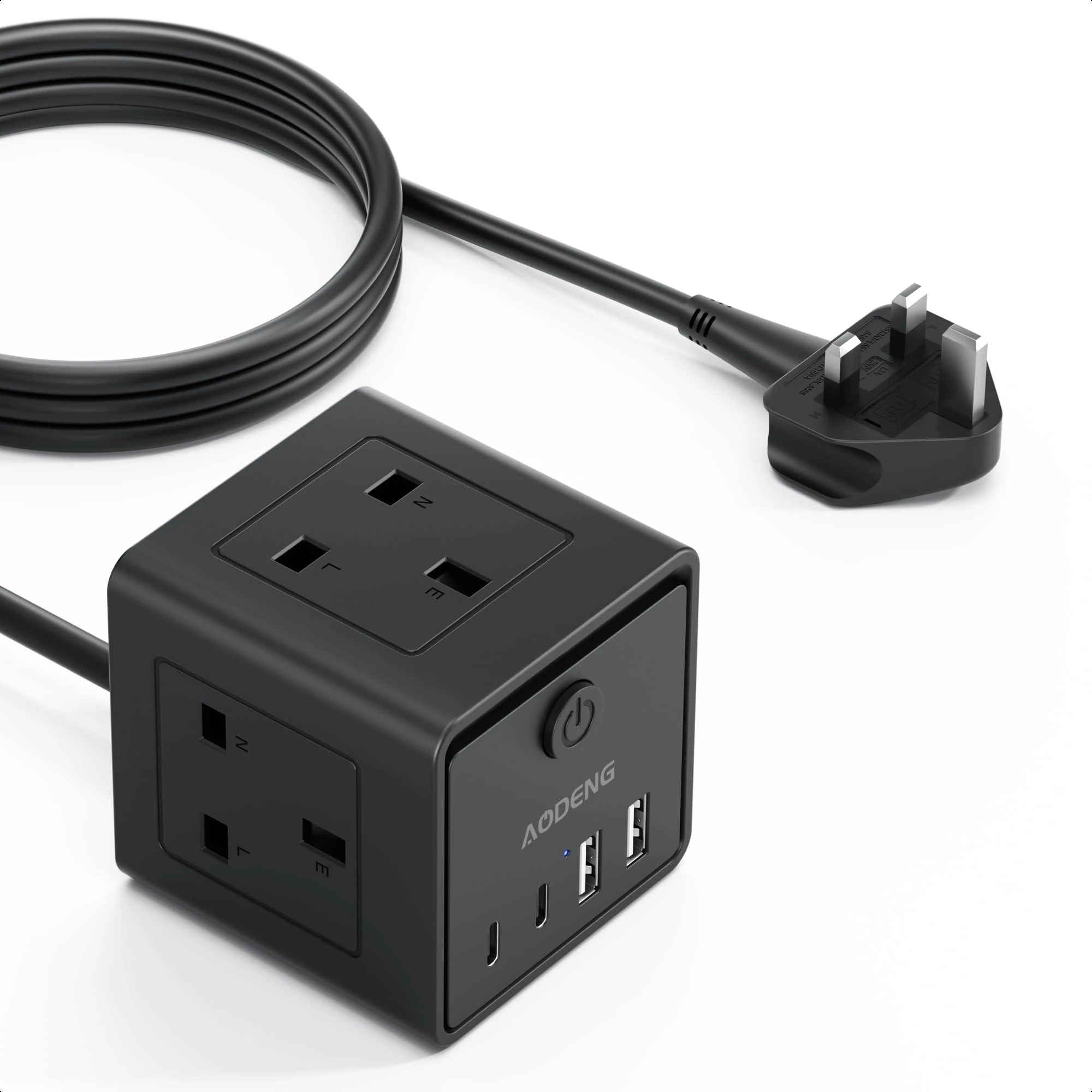 3M Extension Lead with 4 USB, 3 Way Multi Plug Extension Socket with 2 USB A 2 USB C, Desktop Power Extension Cable for Home Office Travel