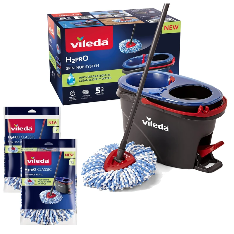 Vileda H2PrO Spin Mop and Bucket Set With 2 Additional Mop Head Refills, 100% Separation of Clean and Dirty Water with Two Tank System, Effortless Wringing, Machine Washable Microfibre Pad