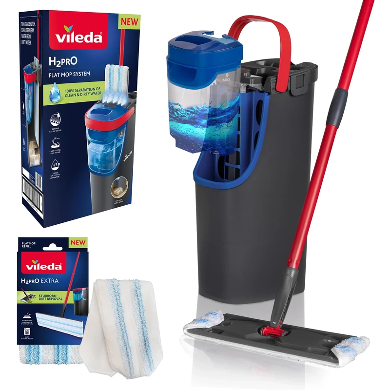 Vileda H2PrO Flat Mop And Bucket Set With 1 Additional Mop Head Refill, 100% Separation of Clean and Dirty Water with Two Tank System, Effortless Wringing, Compact Storage Design, Easy Assemble