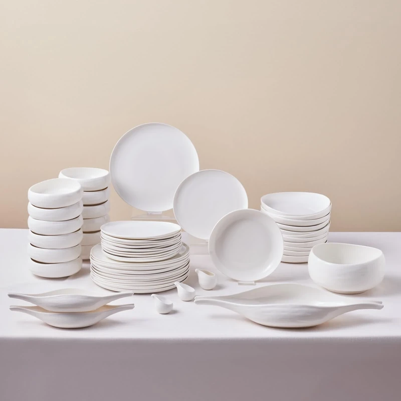 Karaca Earth Collection Clay 55-Piece Dinnerware Set for 12 People, Stoneware, Dishwasher & Microwave Safe, Crockery Set for Daily Use and Special Occasions, White Plate Set