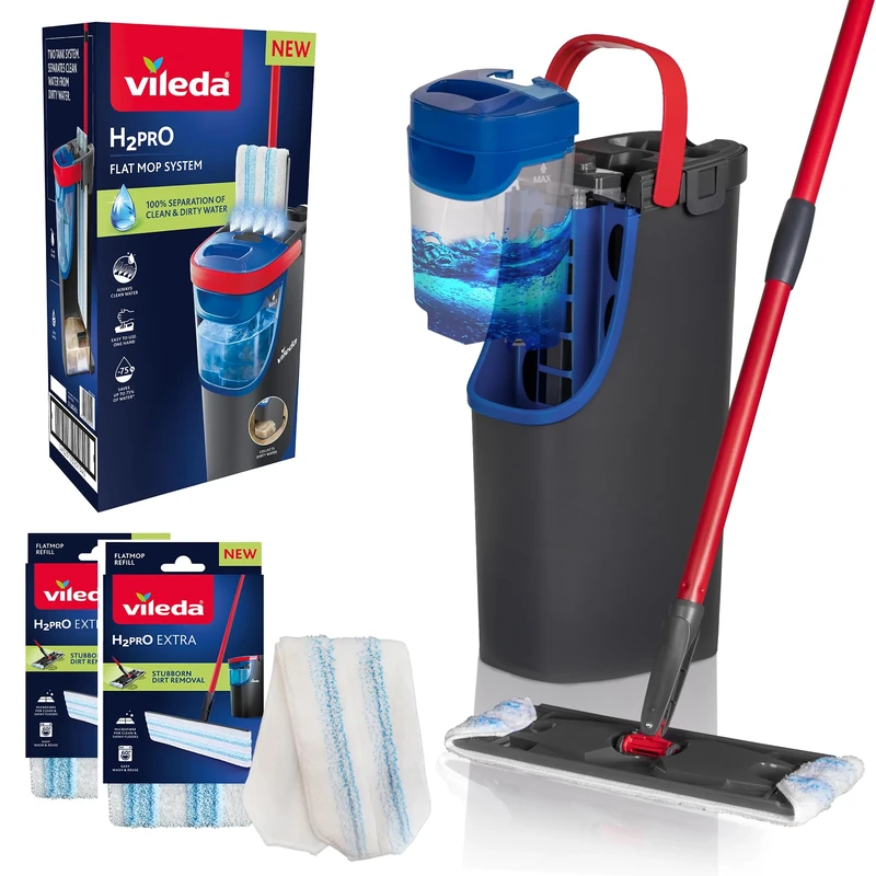 Vileda H2PrO Flat Mop And Bucket Set With 2 Additional Mop Head Refills, 100% Separation of Clean and Dirty Water with Two Tank System, Effortless Wringing, Compact Storage Design, Easy Assemble