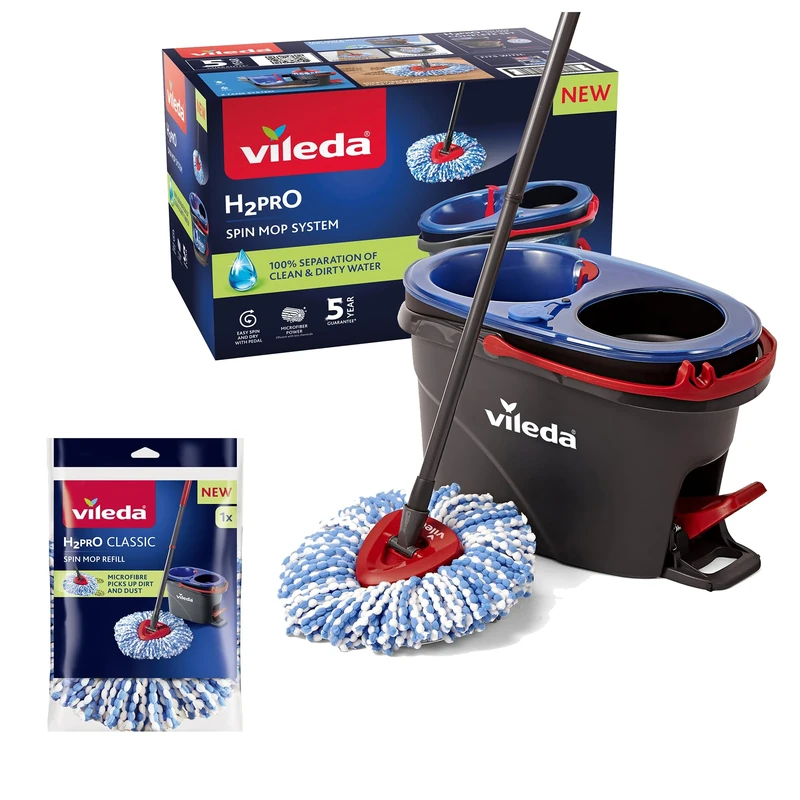 Bundle of Vileda H2PrO Spin Mop System and 1 x H2Pro Refill Mop Head Replacements - Mop Separates clean and dirty water - Effortless wringing - Microfibre cleaning