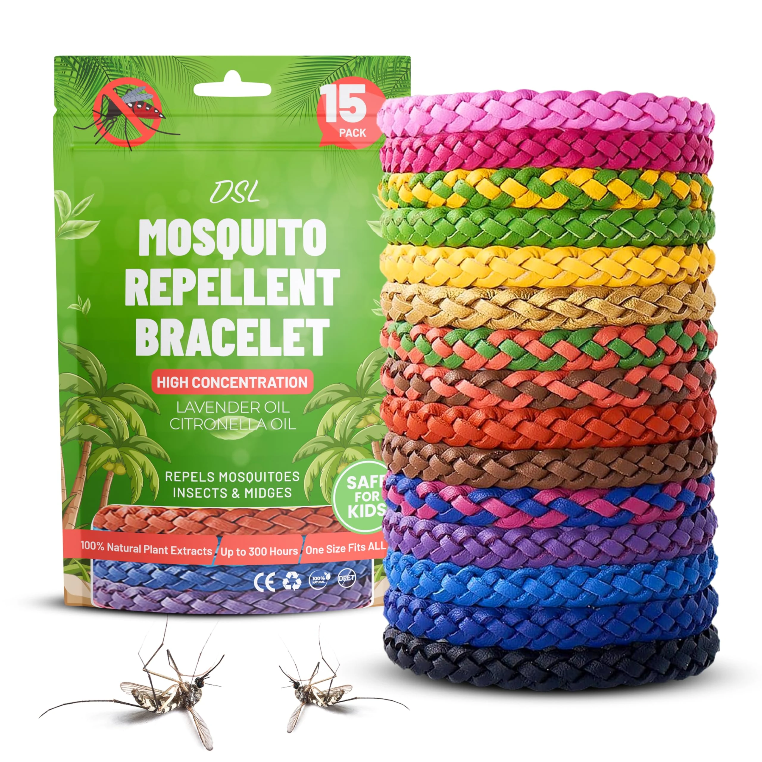 Mosquito Repellent Bracelet 15 Pack, Insect Repellent Bracelet - 300 Hours Insect Repellent Protection, Deet-Free, Mosquito Bands, Adjustable Bands for Adults & Kids