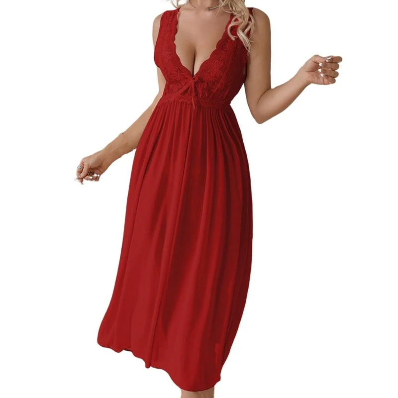 OHERUWKLS Long See Through Nightdress for Women V Neck Sleeveless Pleated Vintage Nightwear,Red,L