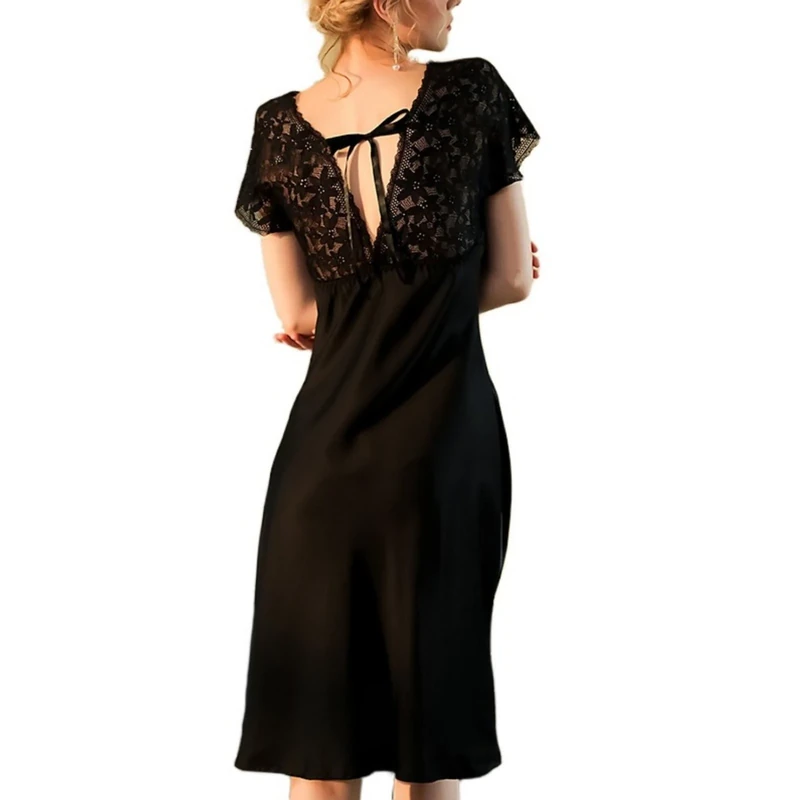 OHERUWKLS Women's Sexy Slits Nightgown Patchwork Floral Lace Short Sleeve Back Lace Up Loungewear,Black,S