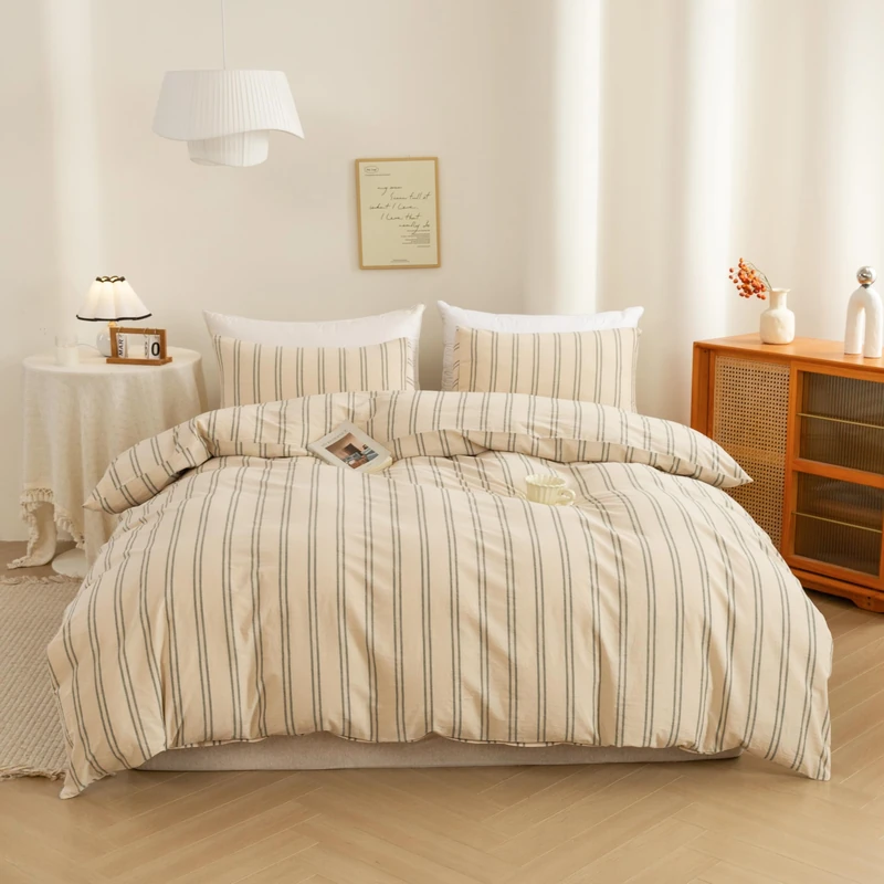 ECOCOTT Duvet Cover Oversized King Size - Linen Feel Organic Natural 100% Washed Cotton, Soft Breathable & Durable Bedding Set, Comfy Stripe Design for All Seasons